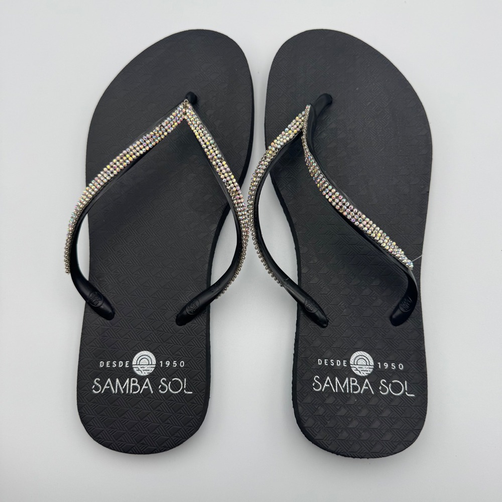 Samba Sol Womens Black Rhinestone Embellished Flip Flop Sandals Size 9-10
